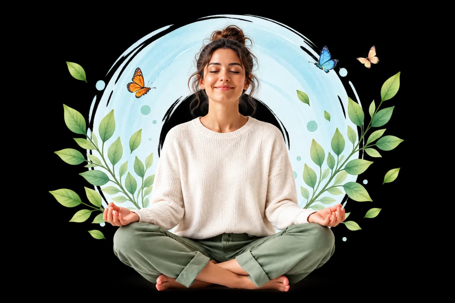 Calm business owner surrounded by leaves